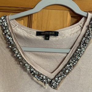 Roberto Cavalli beige embellished silk cashmere sweater. Size medium